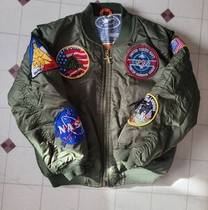 Up and Away MA-1 Flight Jacket Kids Small 8 Green Military Nasa Patches Top Gun